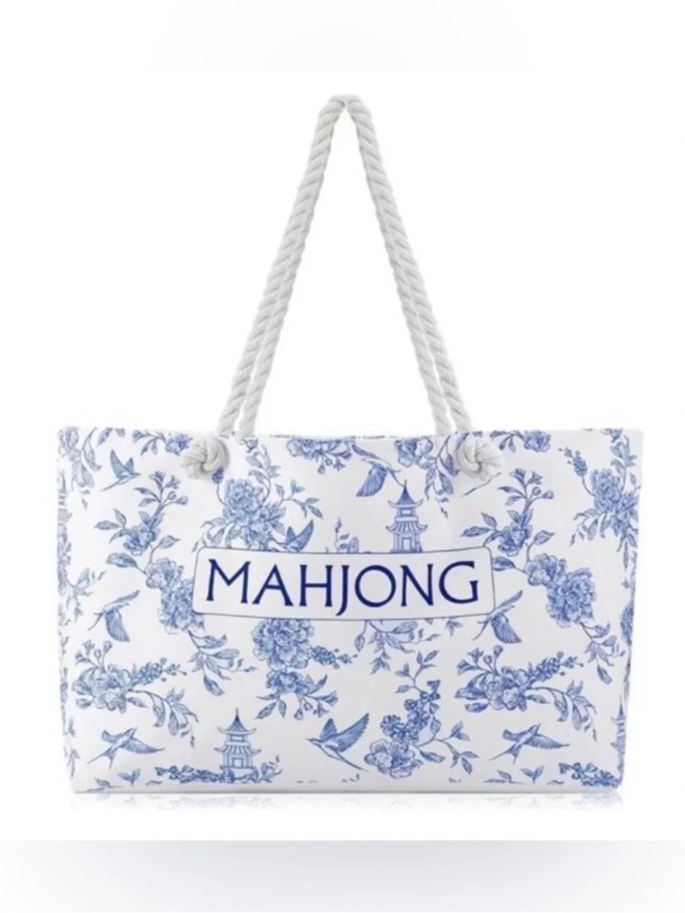 NEW Blue & White Chinoiserie Mahjong Canvas Tote Bag | Rope Handle Carryall